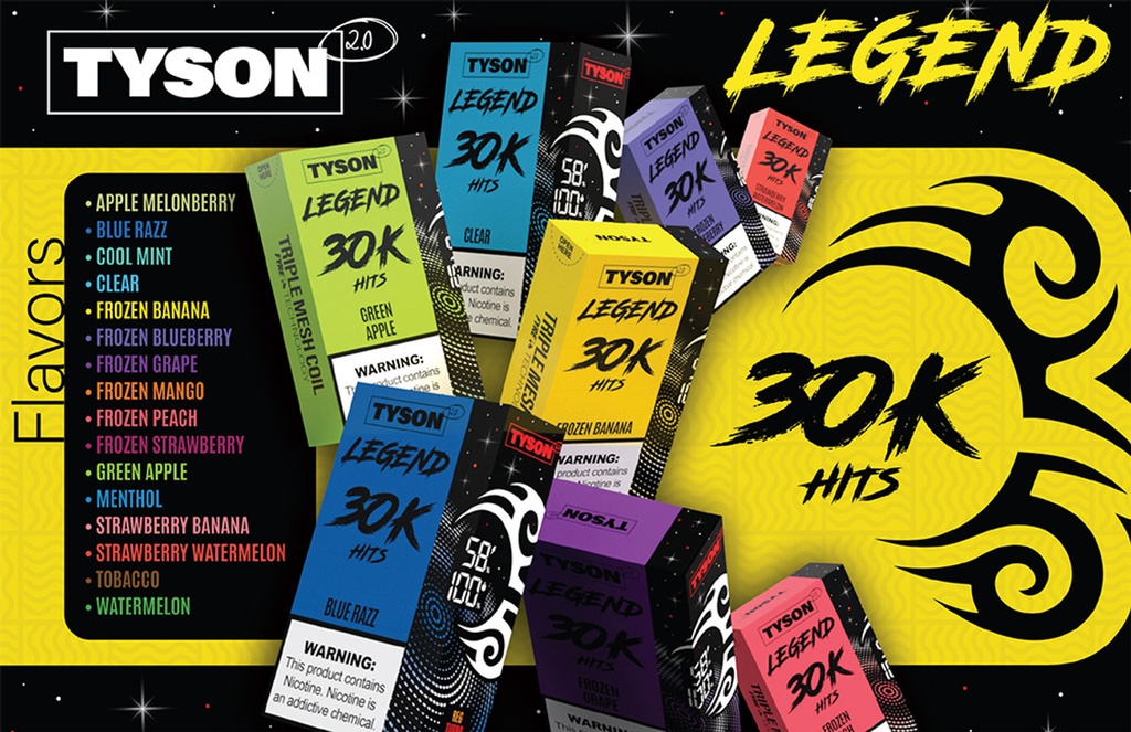 TYSON 2.0 LEGEND 5% DISPOSABLE 30000 PUFFS BOX OF 5