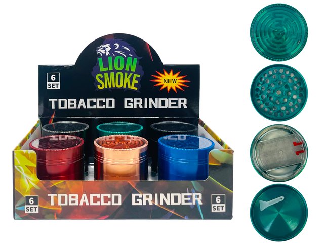 LION SMOKE 4 PARTS TOBACCO GRINDER OPEN WINDOW WITH MAZE ON TOP #LS44262 BOX OF 6