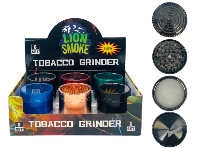 LION SMOKE 4 PARTS TOBACCO GRINDER WINDOW WITH MAZE ON TOP #LS44248 BOX OF 6