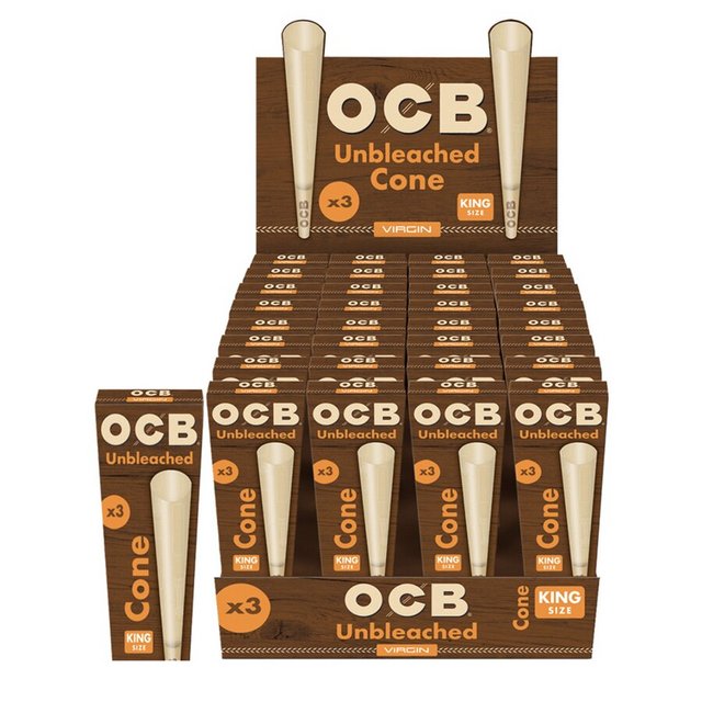 OCB VIRGIN KINGSIZE UNBLEACHED CONE 3CT BOX OF 32