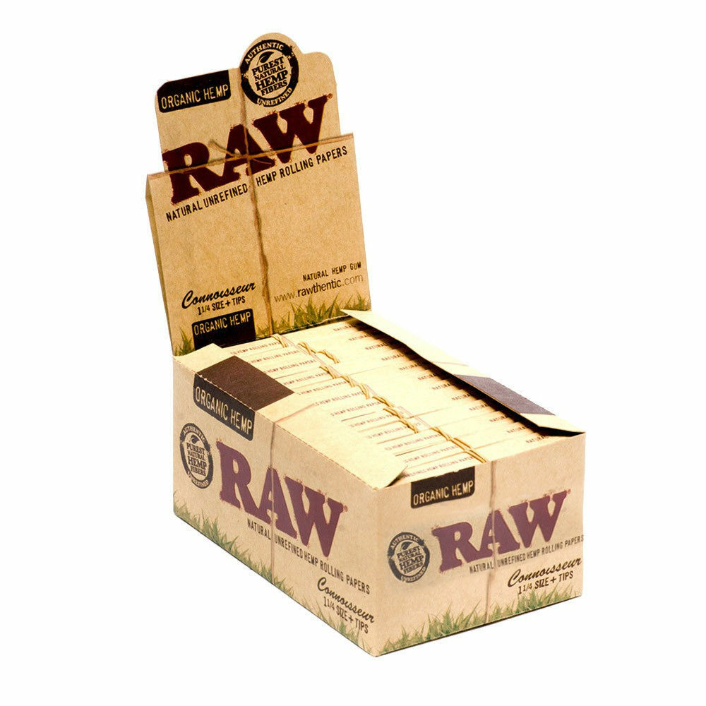 RAW 1 1/4 ORGANIC ROLLING PAPERS+TIPS CONNOISSEUR BOX OF 24