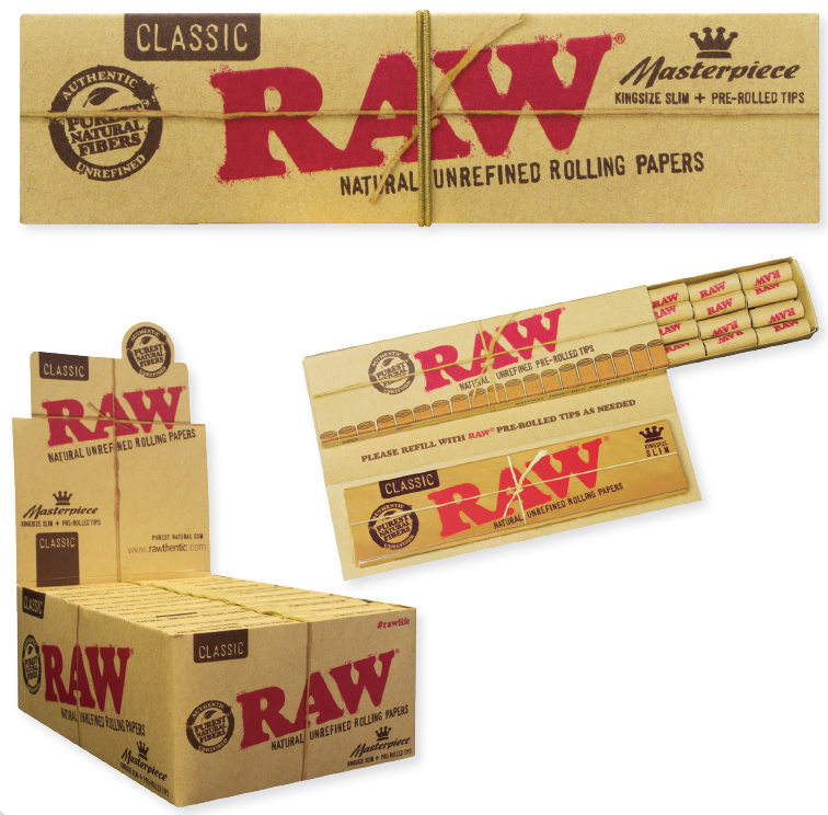 RAW KINGSIZE SLIM CLASSIC ROLLING PAPER+ TIPS MASTERPIECE BOX OF 24