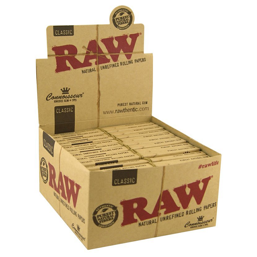 RAW KINGSIZE SLIM CLASSIC ROLLING PAPERS+TIPS CONNOISSEUR BOX OF 24