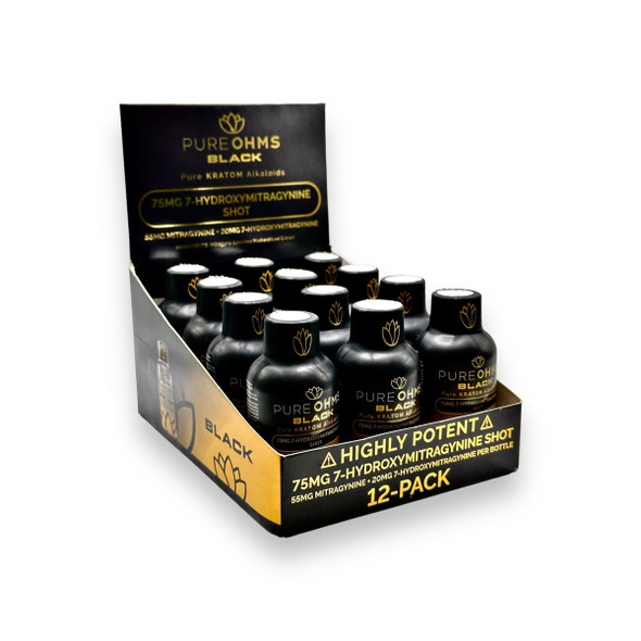 PURE OHMS BLACK 75MG  7-HYDROXY KRATOM SHOTS BOX OF 12