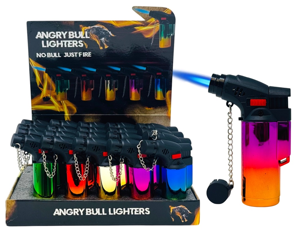 ANGRY BULL MINI RAINBOW METALIC TORCH LIGHTERS BOX OF 20