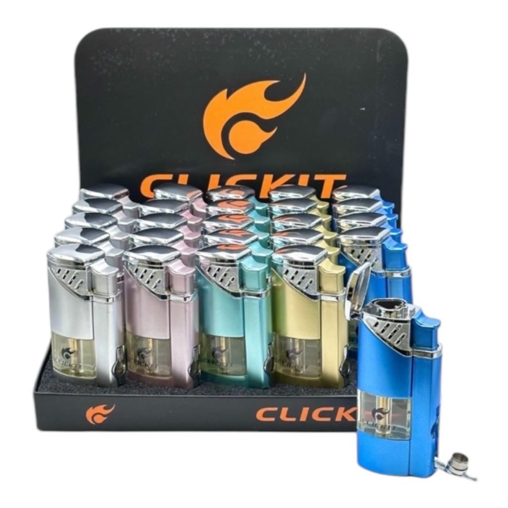 CLICKIT SHINY PARTIAL TRANSPARENT TRIPLE TORCH LIGHTER W/ CIGAR CUTTER #GH-10890 BOX OF 25