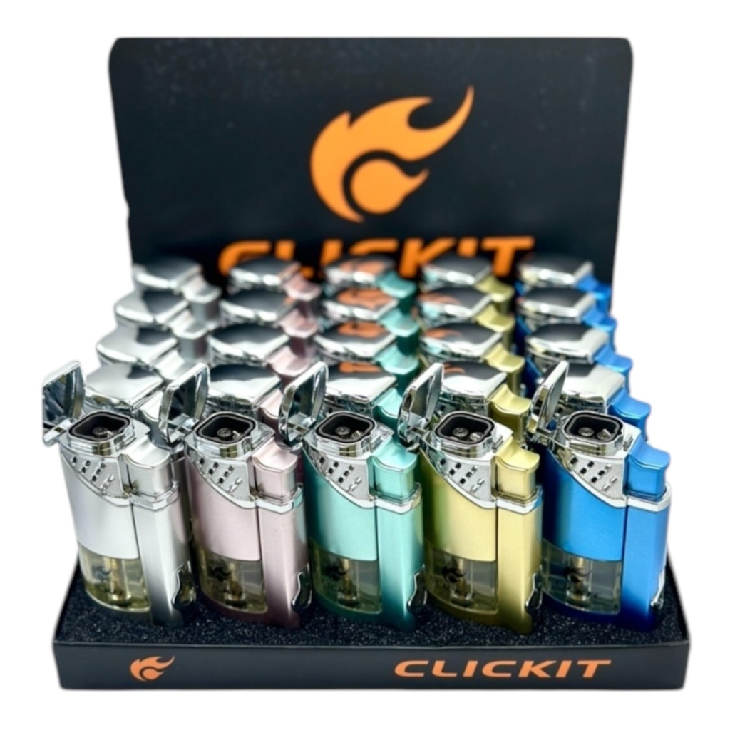 CLICKIT SHINY PARTIAL TRANSPARENT QUAD TORCH LIGHTER W/ CIGAR CUTTER #GH-10892 BOX OF 25