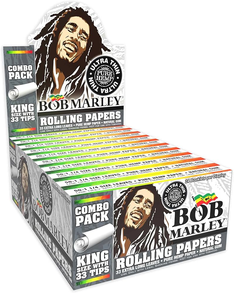 BOB MARLEY COMBO PACK PURE HEMP ULTRA THIN KINGSIZE ROLLING PAPER WITH 33 TIPS BOX OF 24