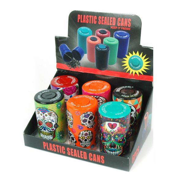 AIRTIGHT PLASTIC SEALED CANS ASSORTED DESIGNS BOX OF 6