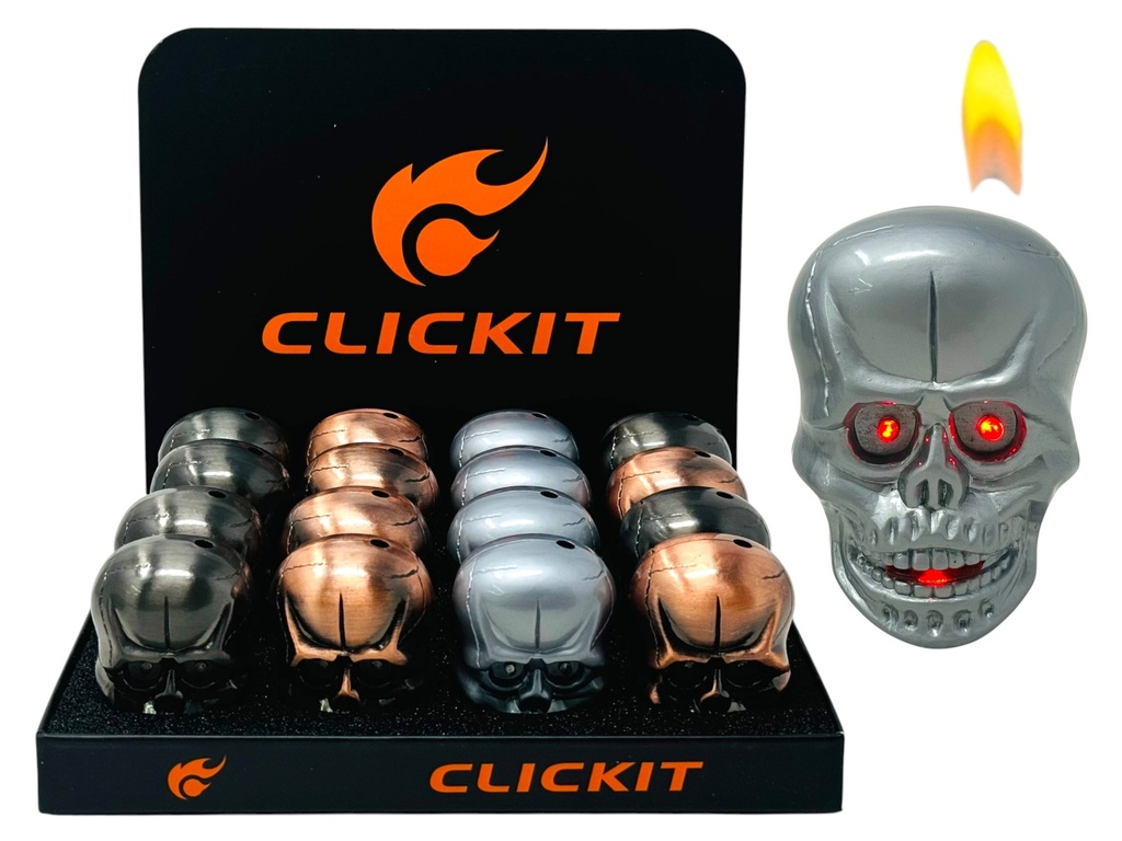 CLICKIT SKULL FLAME LIGHTER WITH LIGHT & SOUND GH-9067 BOX OF 16