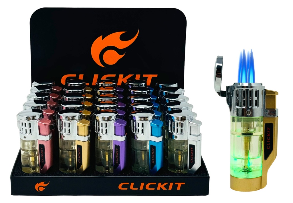 CLICKIT TRANSPARENT QUAD TORCH LIGHTER WITH LED LIGHTS GH-10898 BOX OF 25