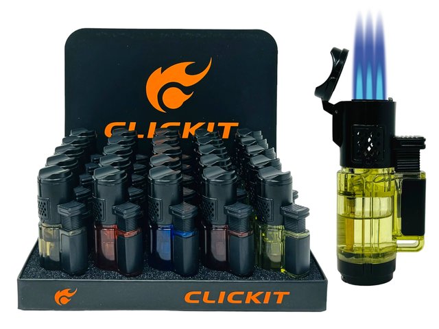 CLICKIT TRANSPARENT TRIPLE TORCH LIGHTER WITH CIGAR PUNCHER GH-10557 BOX OF 25