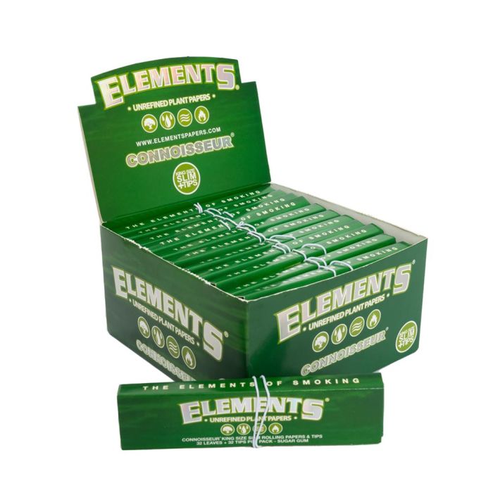 ELEMENTS GREEN CONNOISSEUR KINGSIZE SLIM ROLLING PAPER+TIPS 32CT BOX OF 24