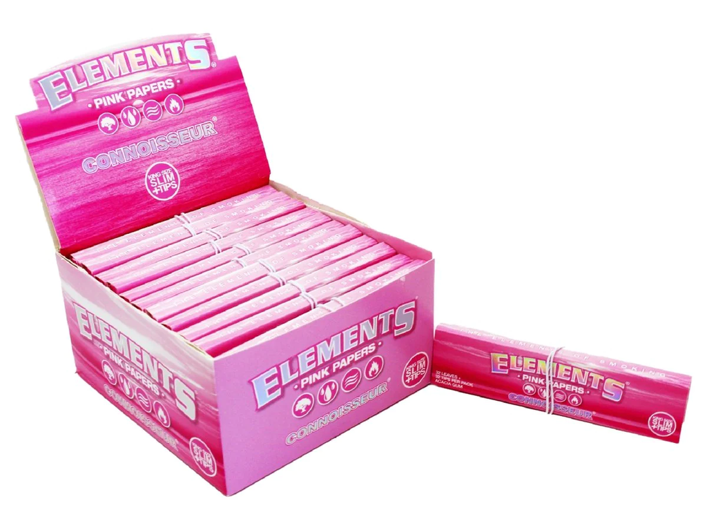 ELEMENTS PINK CONNOISSEUR KINGSIZE SLIM ROLLING PAPER+TIPS 32CT BOX OF 24